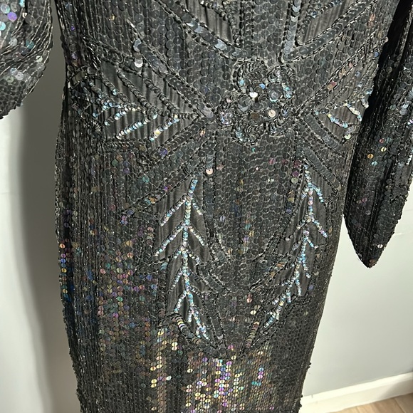 Vintage Silk Sequeen Black Midi Dress with Silk Lining w Slit Made in India M- L - Picture 12 of 17